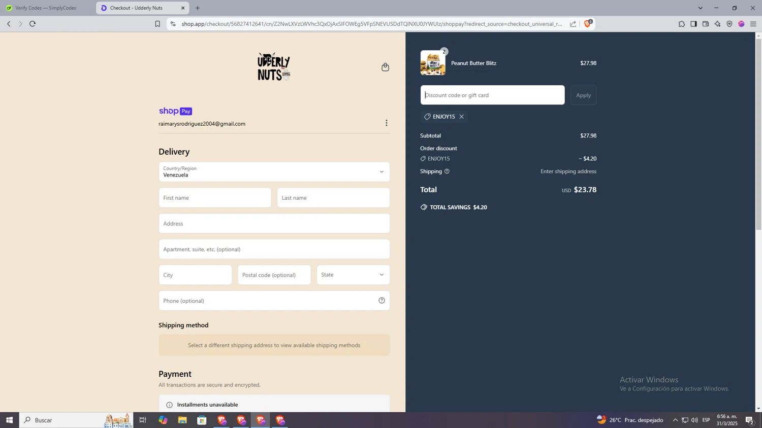 Udderly Nuts discount code screenshot showing code Enjoy15 applied at Udderly Nuts checkout page. Uploaded by SimplyCodes community member Machi005 on Mar 31, 2025