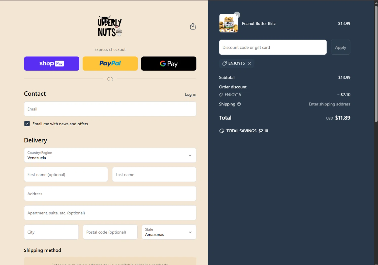 Udderly Nuts discount code screenshot showing code Enjoy15 applied at Udderly Nuts checkout page. Uploaded by SimplyCodes community member MagnificentTitan8616 on Jun 13, 2025