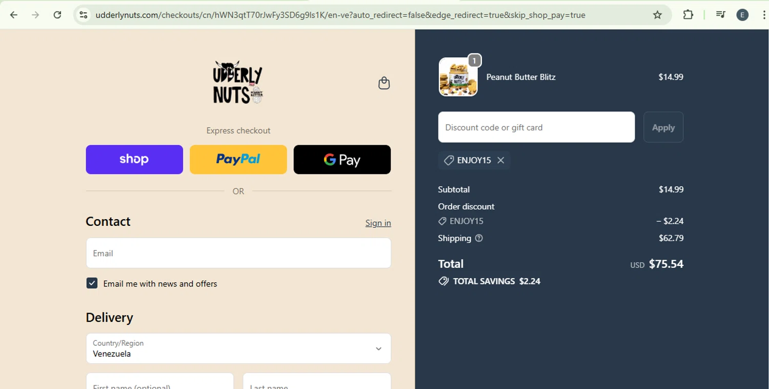 Udderly Nuts discount code screenshot showing code Enjoy15 applied at Udderly Nuts checkout page. Uploaded by SimplyCodes community member SilverKnight4465 on Oct 7, 2025