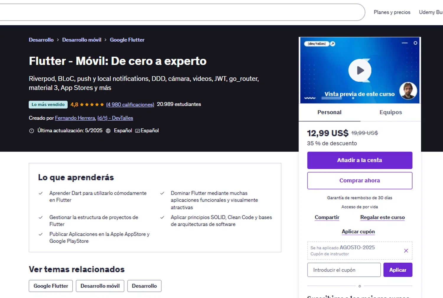 Udemy coupon code screenshot showing code AGOSTO-2025 applied at Udemy checkout page. Uploaded by SimplyCodes community member ______ on Aug 8, 2025