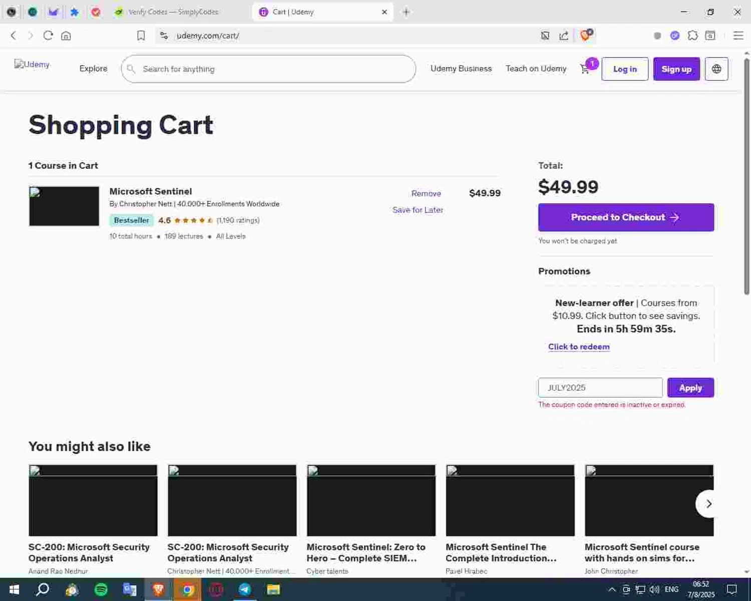 Udemy coupon code screenshot showing code JULY2025 applied at Udemy checkout page. Uploaded by SimplyCodes community member Deadpool on Aug 7, 2025