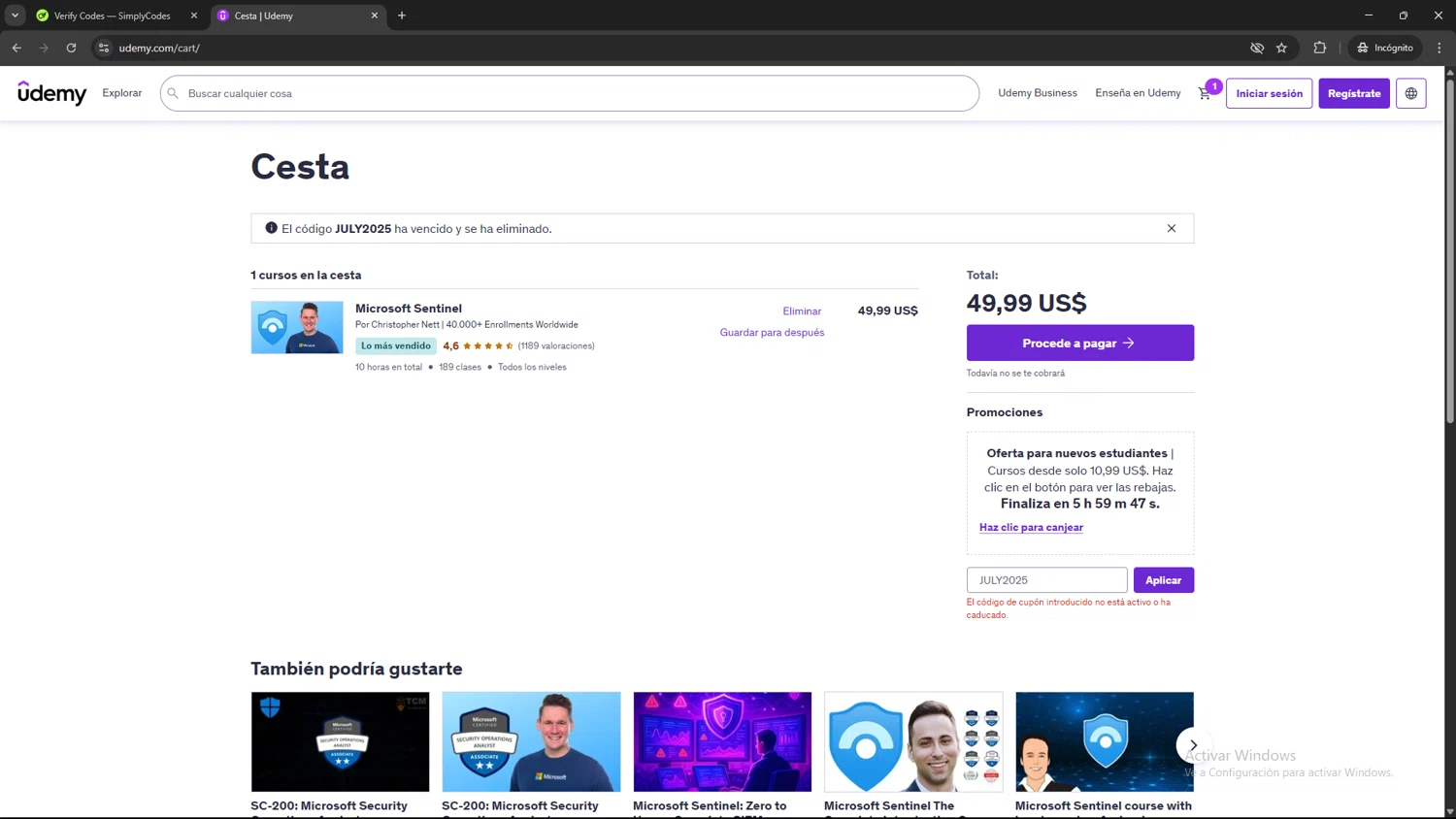 Udemy coupon code screenshot showing code JULY2025 applied at Udemy checkout page. Uploaded by SimplyCodes community member TOROREX250 on Aug 7, 2025
