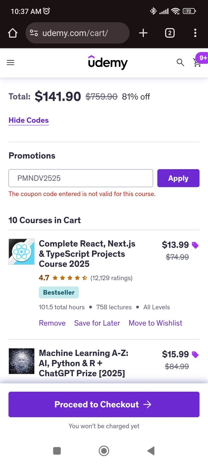 Udemy coupon code screenshot showing code PMNVD2525 applied at Udemy checkout page. Uploaded by SimplyCodes community member juliocoronel038ef0f on Aug 7, 2025