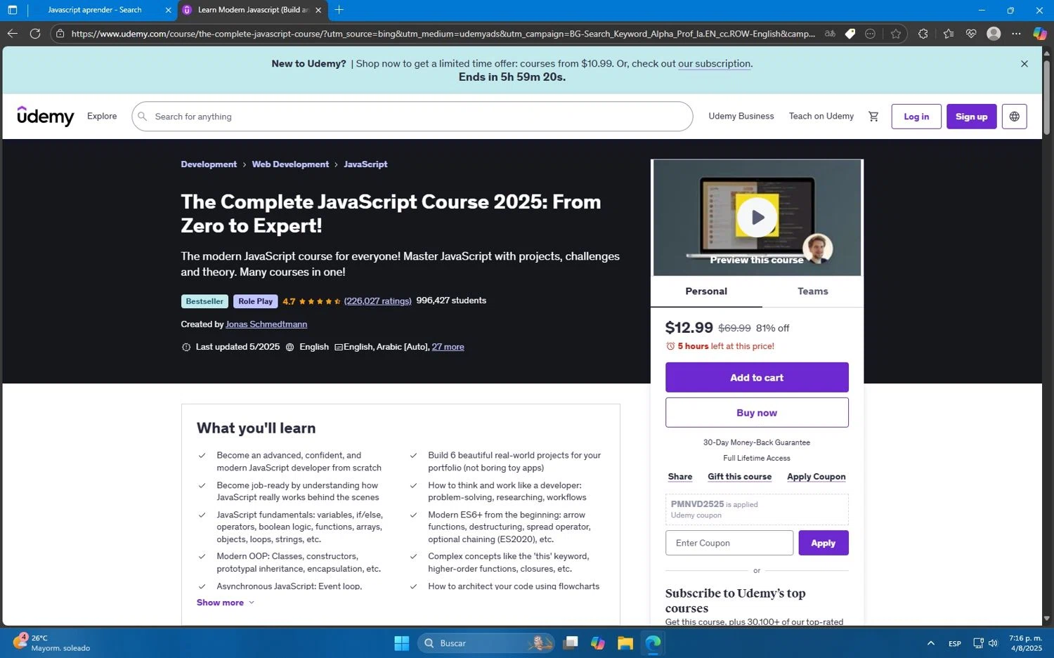 Udemy coupon code screenshot showing code PMNVD2525 applied at Udemy checkout page. Uploaded by SimplyCodes community member Mdeoca on Aug 4, 2025