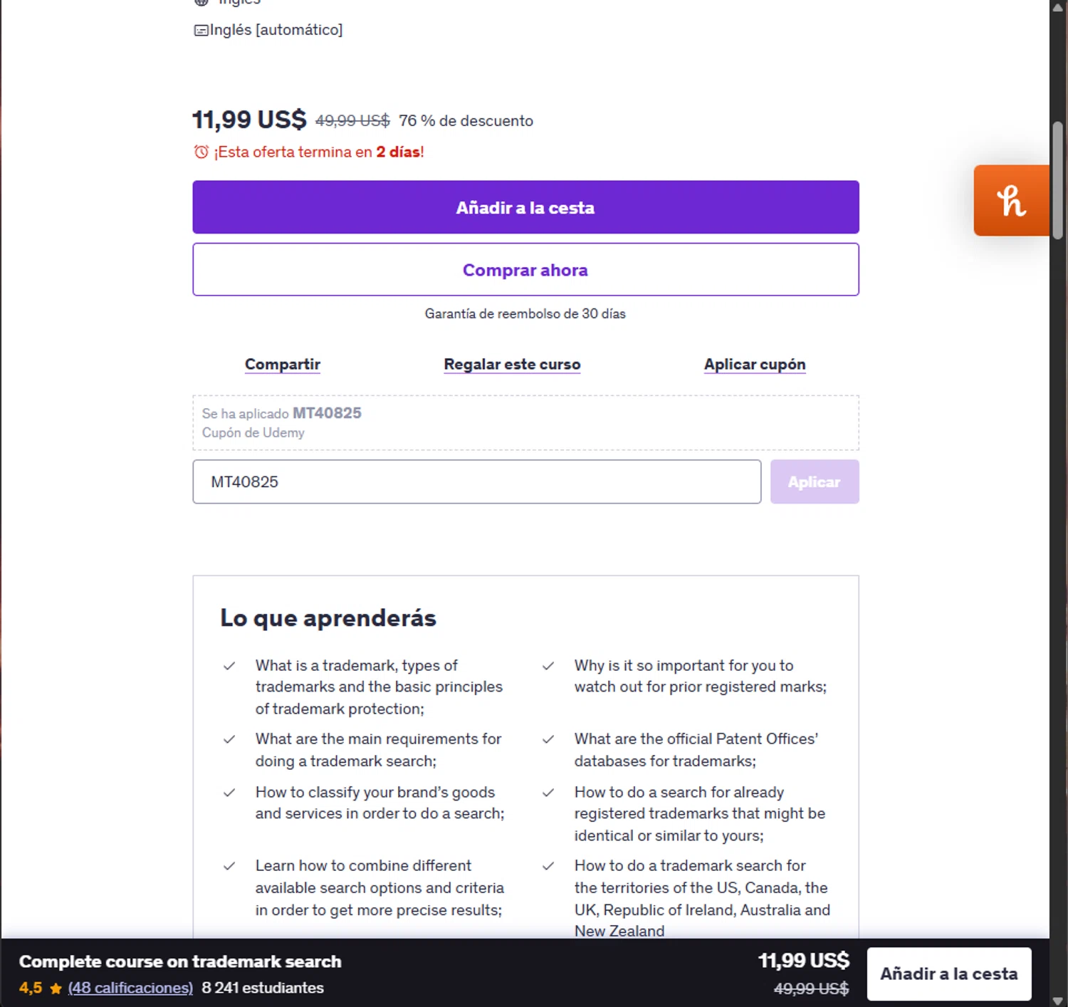 Udemy coupon code screenshot showing code MT40825 applied at Udemy checkout page. Uploaded by SimplyCodes community member PillarsofCreation on Aug 4, 2025