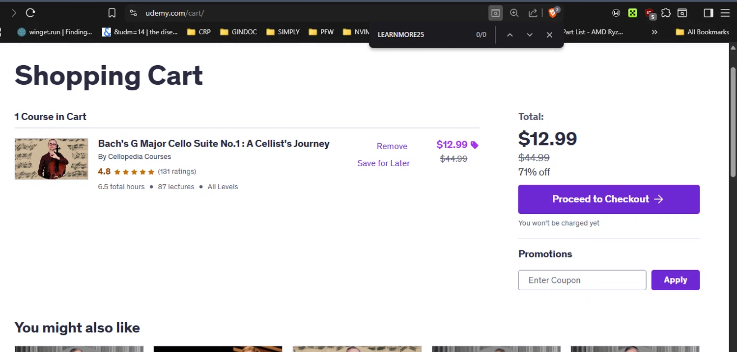 Udemy coupon code screenshot showing code LEARNMORE25 applied at Udemy checkout page. Uploaded by SimplyCodes community member RickhiK on Aug 11, 2025