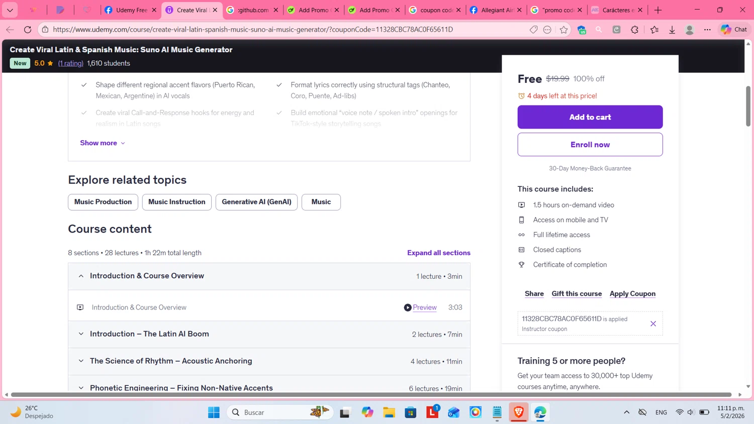 Udemy promo code screenshot showing code 11328CBC78AC0F65611D applied at Udemy checkout page. Uploaded by SimplyCodes community member cosita on Feb 6, 2026