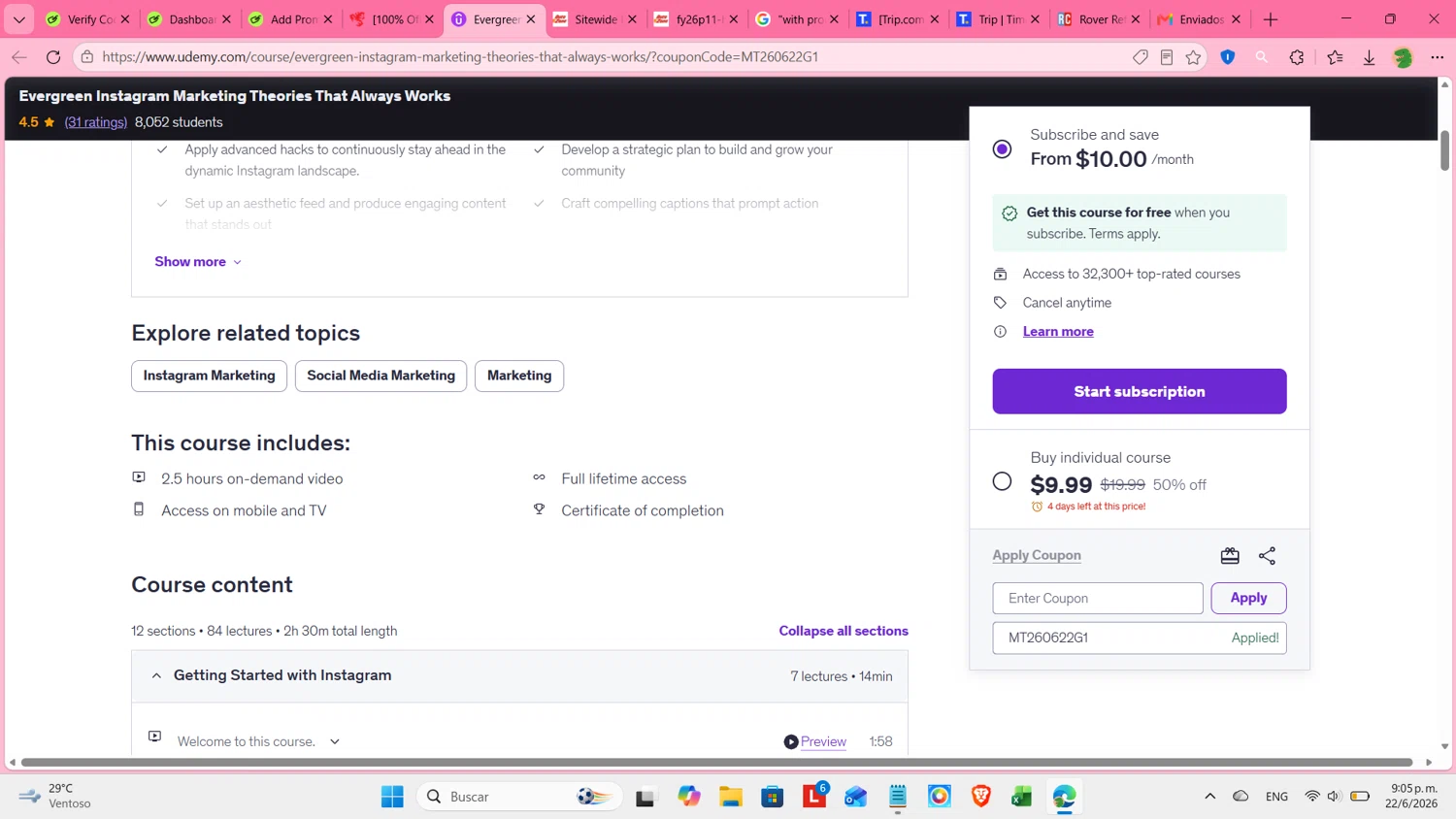 Udemy promo code screenshot showing code MT260622G1 applied at Udemy checkout page. Uploaded by SimplyCodes community member cosita on Jun 23, 2026