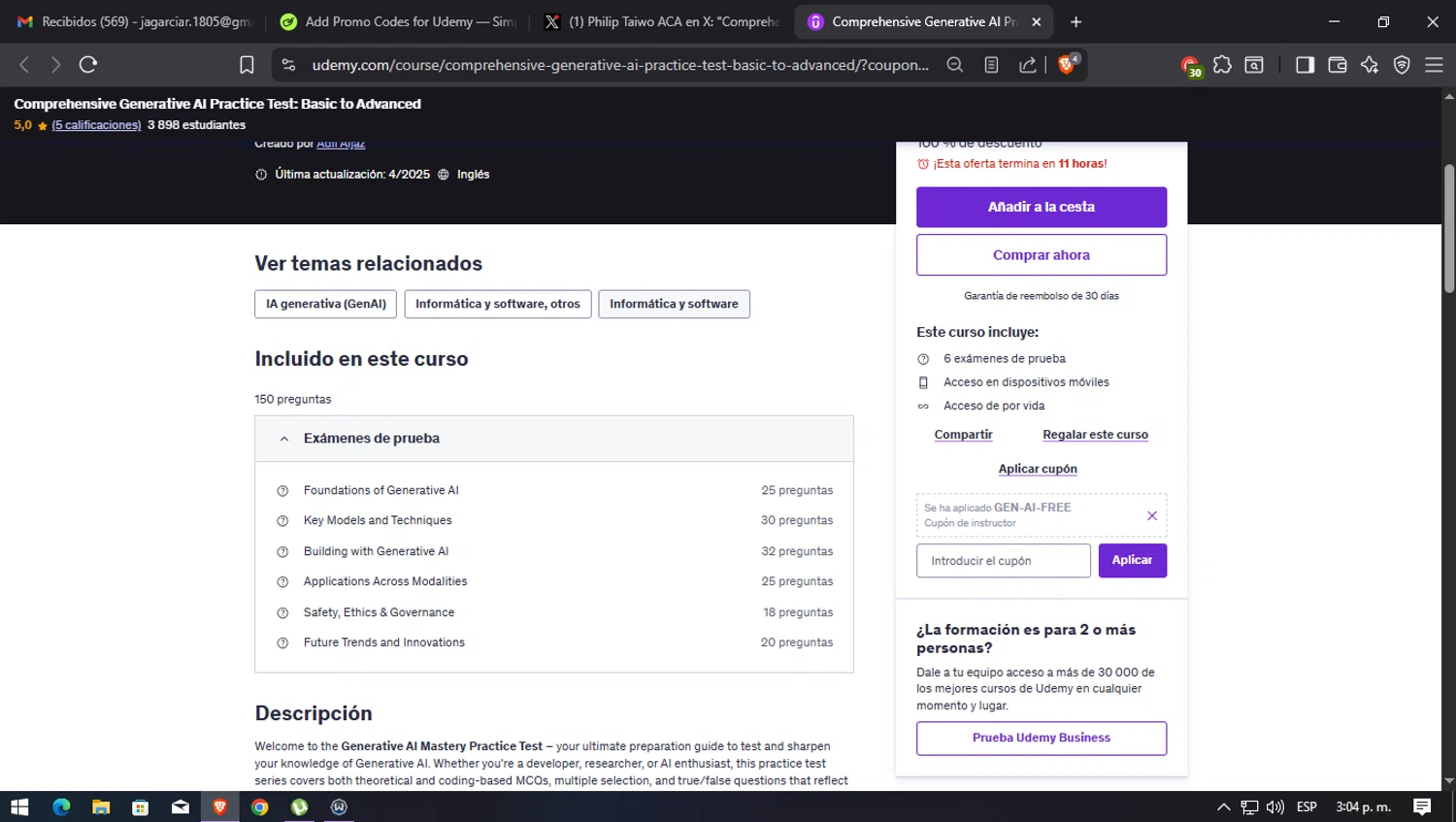 Udemy coupon code screenshot showing code GEN-AI-FREE applied at Udemy checkout page. Uploaded by SimplyCodes community member josegarcia6 on Aug 14, 2025