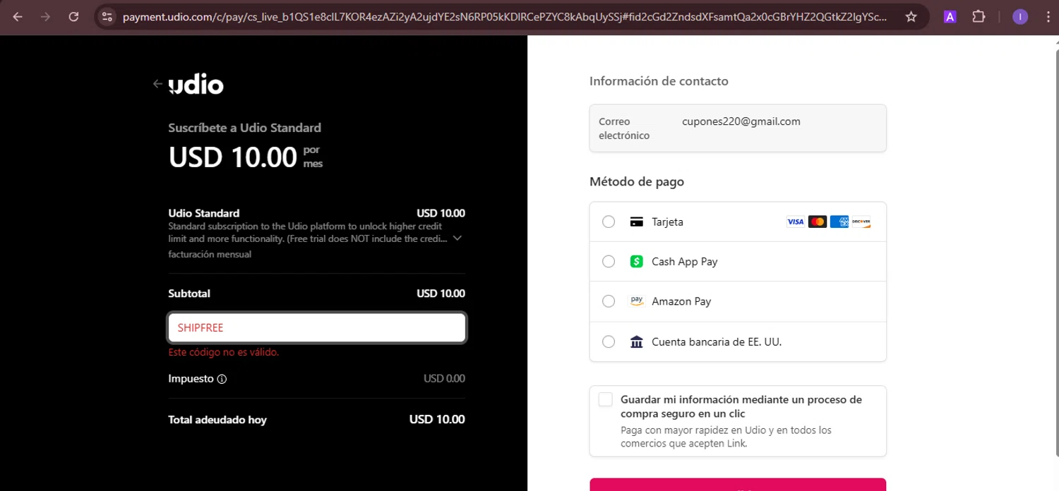 Udio promo code screenshot showing code SHIPFREE applied at Udio checkout page. Uploaded by SimplyCodes community member joineds on Mar 7, 2025