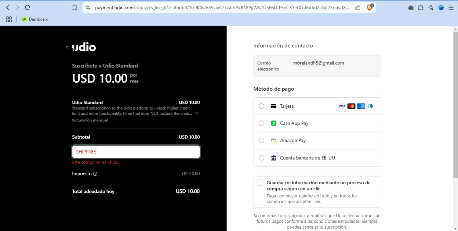 Udio promo code screenshot showing code SHIPFREE applied at Udio checkout page. Uploaded by SimplyCodes community member tulomalkovich on Feb 18, 2025