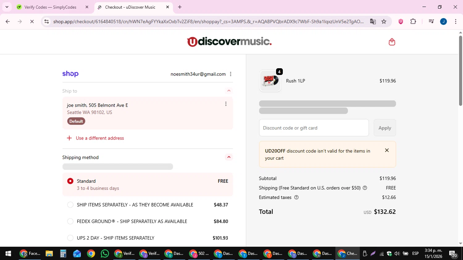 uDiscover Music discount code screenshot showing code UD20OFF applied at uDiscover Music checkout page. Uploaded by SimplyCodes community member noesmith34ur on Jan 15, 2026