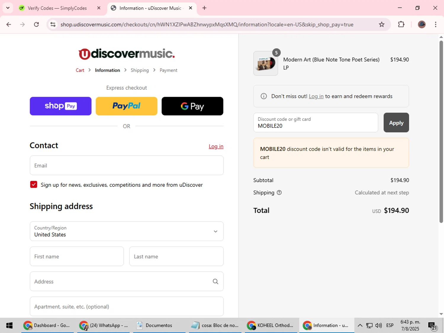 uDiscover Music discount code screenshot showing code MOBILE20 applied at uDiscover Music checkout page. Uploaded by SimplyCodes community member Rowan18 on Aug 7, 2025