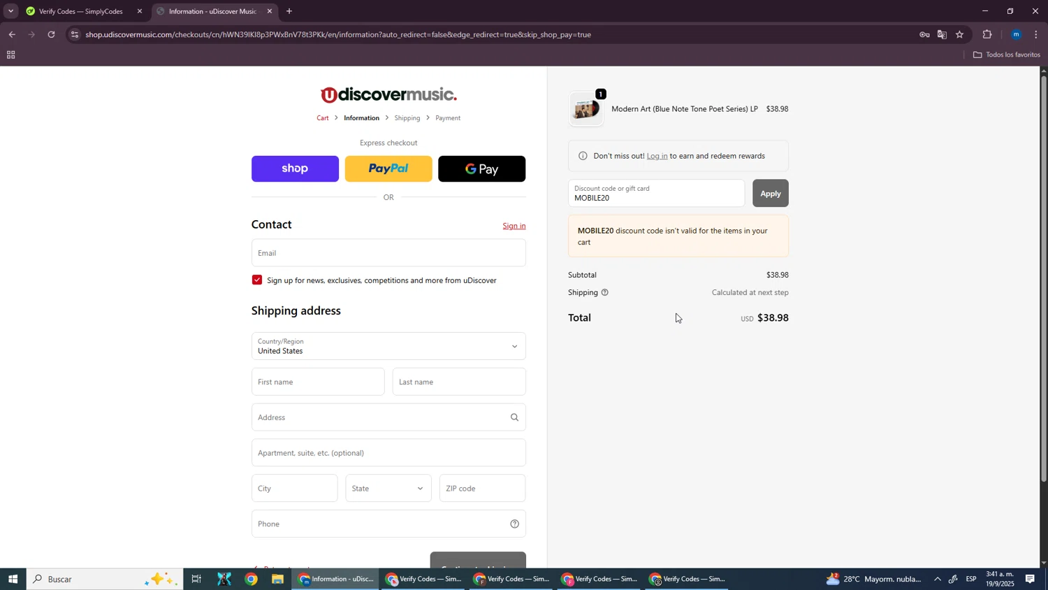 uDiscover Music discount code screenshot showing code MOBILE20 applied at uDiscover Music checkout page. Uploaded by SimplyCodes community member SmartWizard8062 on Sep 19, 2025