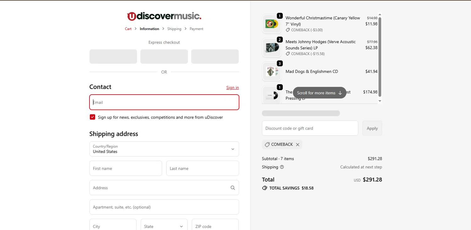 uDiscover Music discount code screenshot showing code COMEBACK applied at uDiscover Music checkout page. Uploaded by SimplyCodes community member BrillianteMaestro892 on Nov 12, 2025