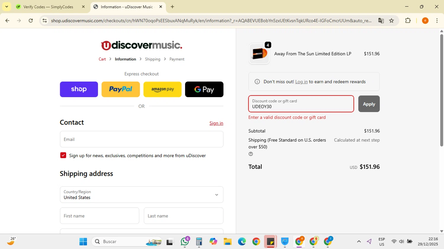 uDiscover Music discount code screenshot showing code UDEOY30 applied at uDiscover Music checkout page. Uploaded by SimplyCodes community member RebateSpotter7205 on Dec 30, 2025