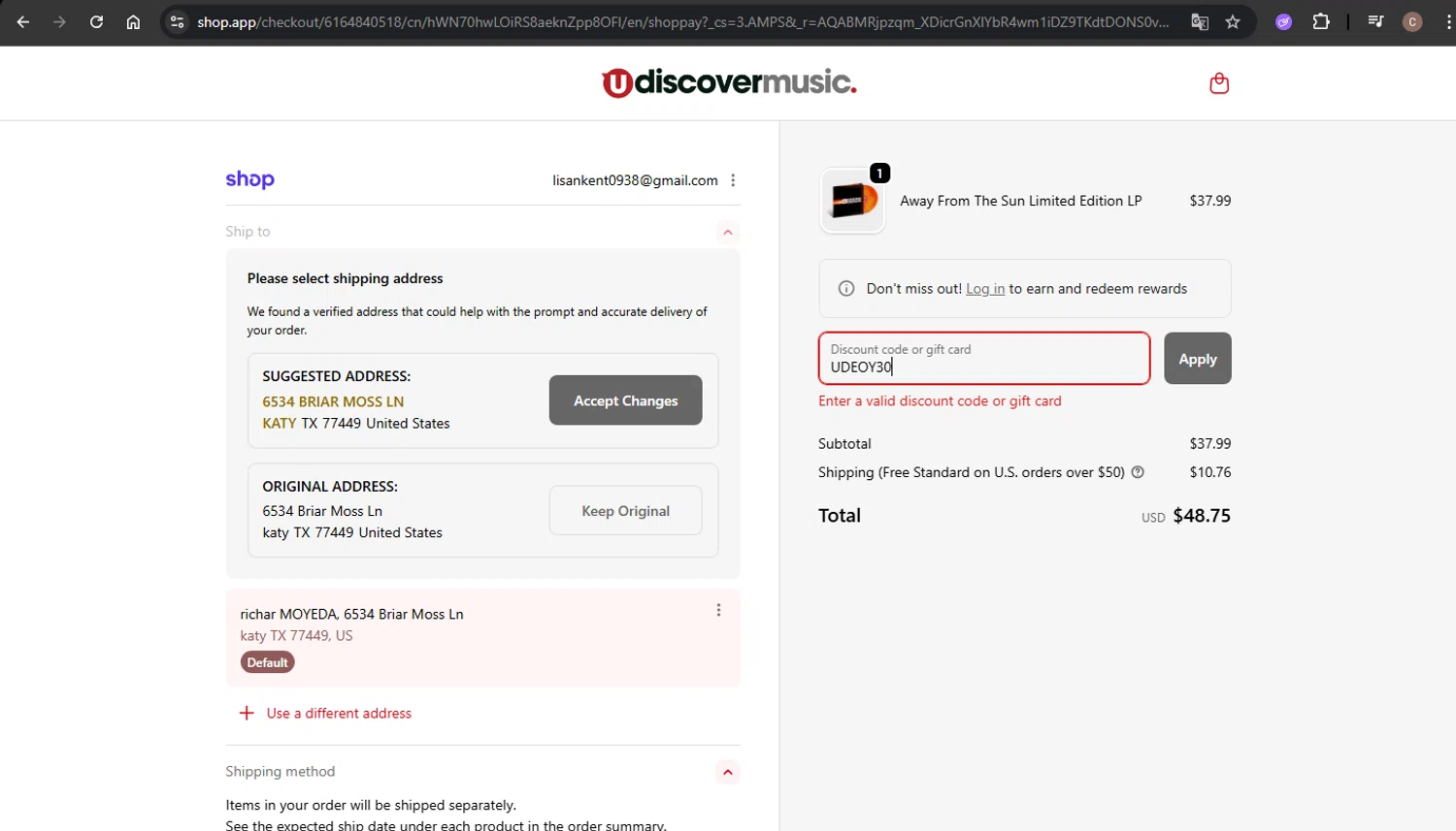 uDiscover Music discount code screenshot showing code UDEOY30 applied at uDiscover Music checkout page. Uploaded by SimplyCodes community member SwiftCaptain4127 on Dec 30, 2025