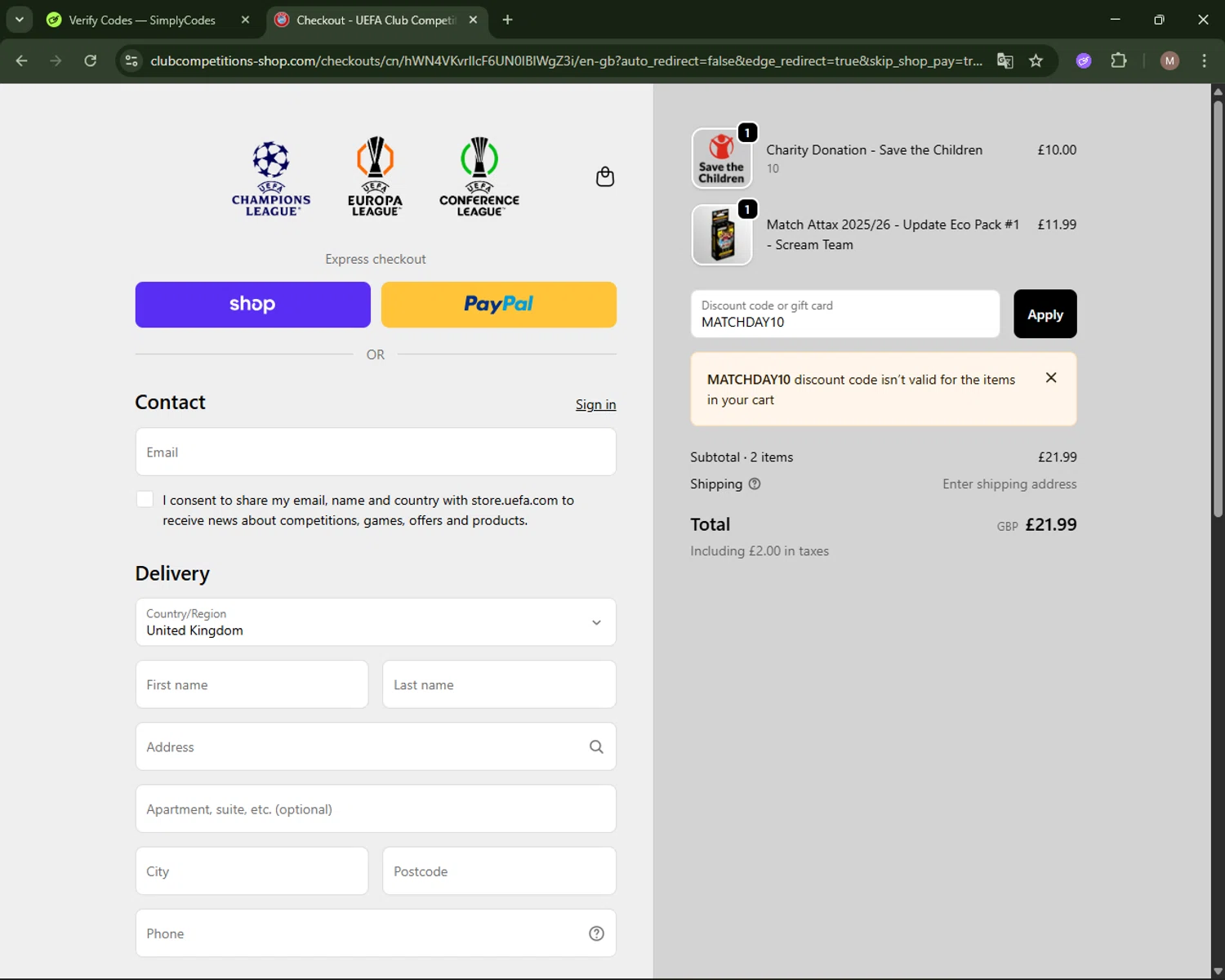 UEFA promo code screenshot showing code MATCHDAY10 applied at UEFA checkout page. Uploaded by SimplyCodes community member CoinLegend4598 on Oct 25, 2025