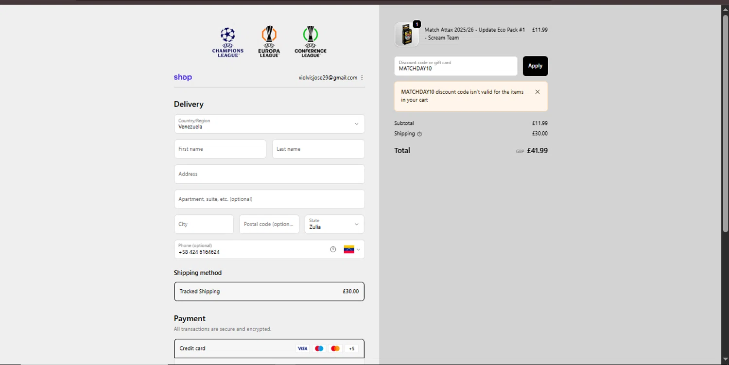 UEFA promo code screenshot showing code MATCHDAY10 applied at UEFA checkout page. Uploaded by SimplyCodes community member Xiooh29 on Oct 29, 2025