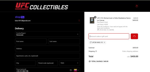UFC Collectibles checkout page showing UFC Collectibles discount code box | Screenshot taken by SimplyCodes community member on Mar 14, 2025