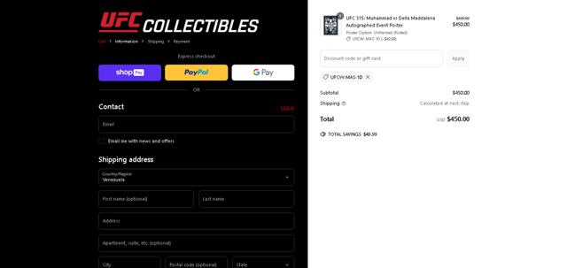 UFC Collectibles checkout page showing UFC Collectibles discount code box | Screenshot taken by SimplyCodes community member on Apr 24, 2025