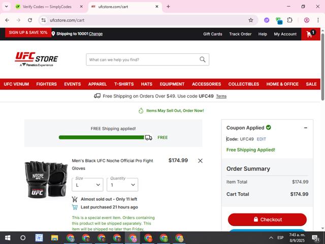 UFC Store checkout page showing UFC Store discount code box | Screenshot taken by SimplyCodes community member on Sep 8, 2025