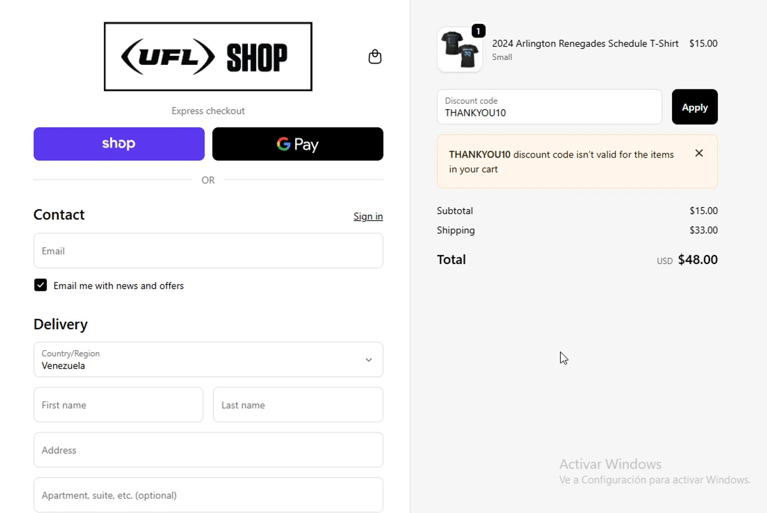 UFL Store checkout page showing UFL Store promo code box | Screenshot taken by SimplyCodes community member on Sep 30, 2025