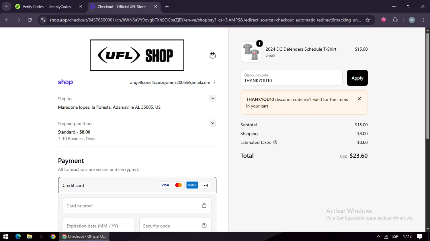 UFL Store checkout page showing UFL Store promo code box | Screenshot taken by SimplyCodes community member on Sep 30, 2025