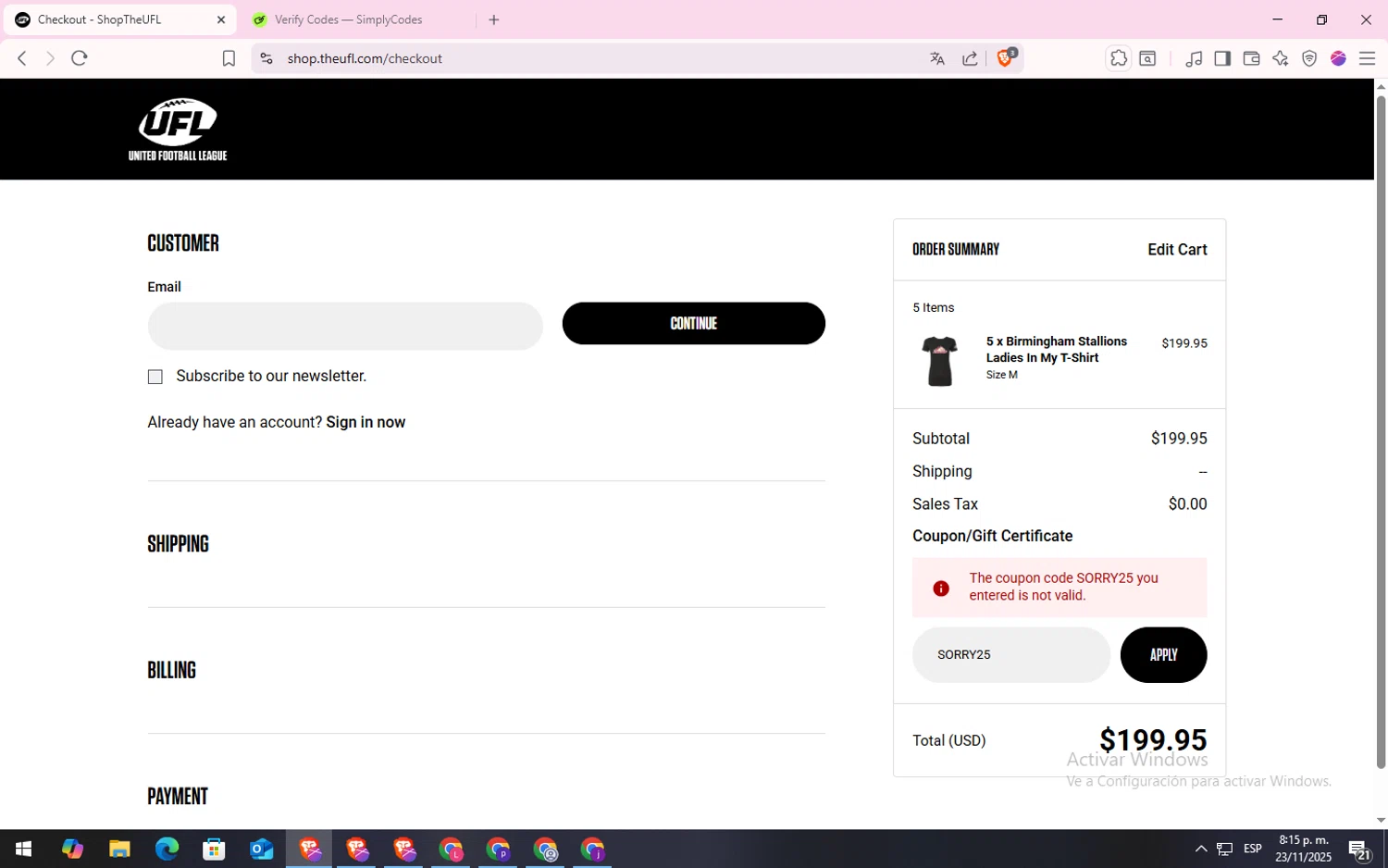 UFL Store promo code screenshot showing code SORRY25 applied at UFL Store checkout page. Uploaded by SimplyCodes community member CodeLynx5272 on Nov 24, 2025