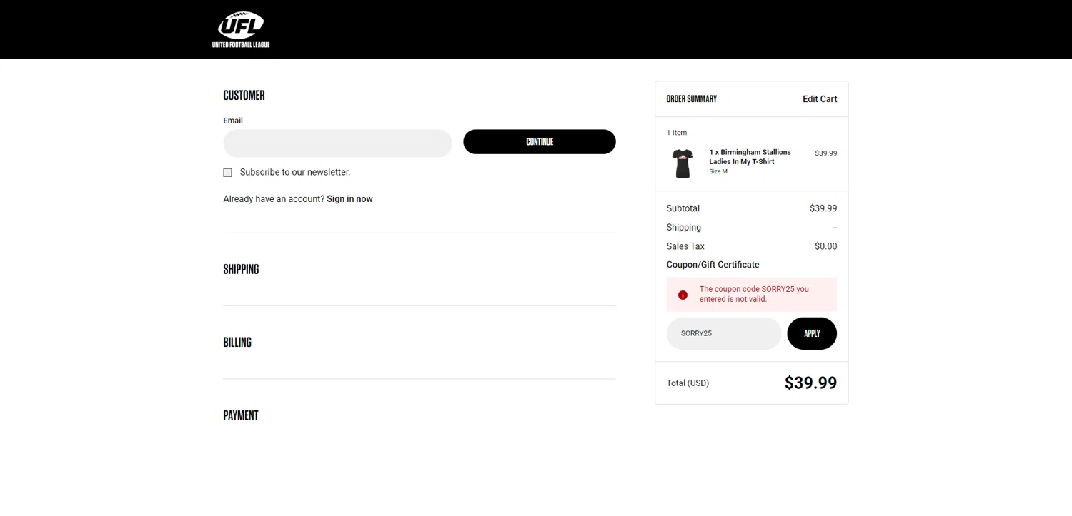 UFL Store promo code screenshot showing code SORRY25 applied at UFL Store checkout page. Uploaded by SimplyCodes community member PromoAdmiral6652 on Nov 24, 2025