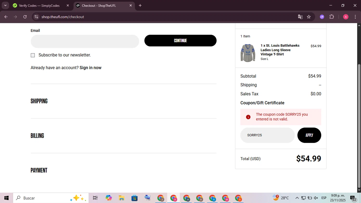 UFL Store promo code screenshot showing code SORRY25 applied at UFL Store checkout page. Uploaded by SimplyCodes community member SaleScholar6713 on Nov 24, 2025