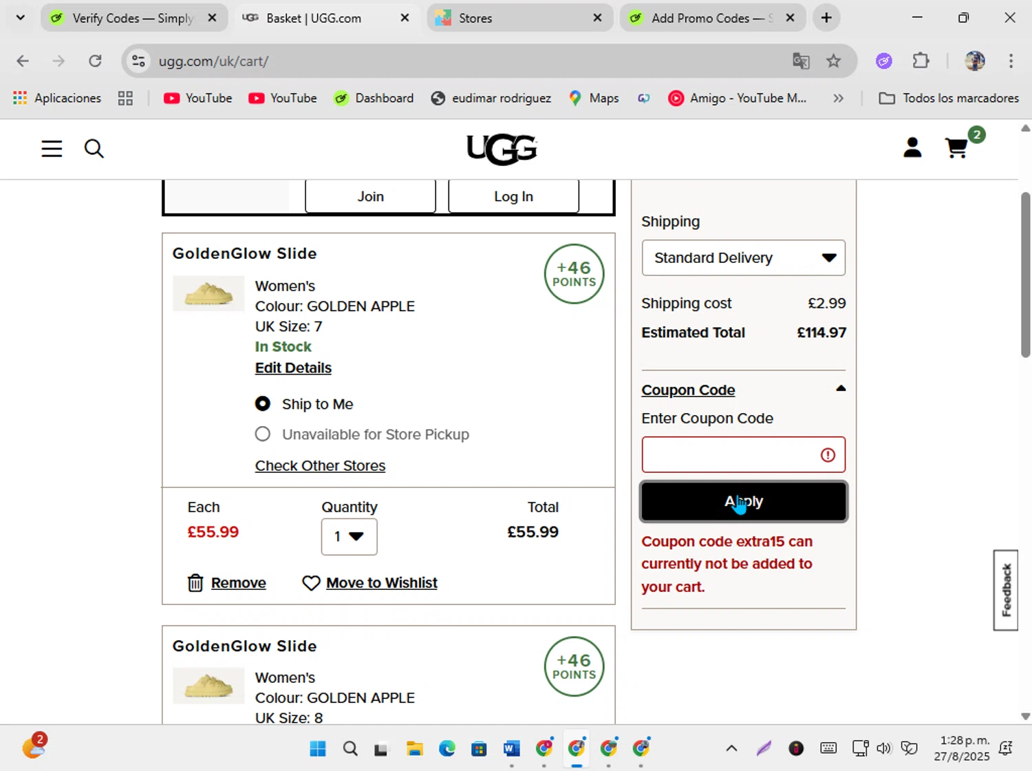 UGG coupon code screenshot showing code extra15 applied at UGG checkout page. Uploaded by SimplyCodes community member ShrewdSeeker5445 on Aug 27, 2025