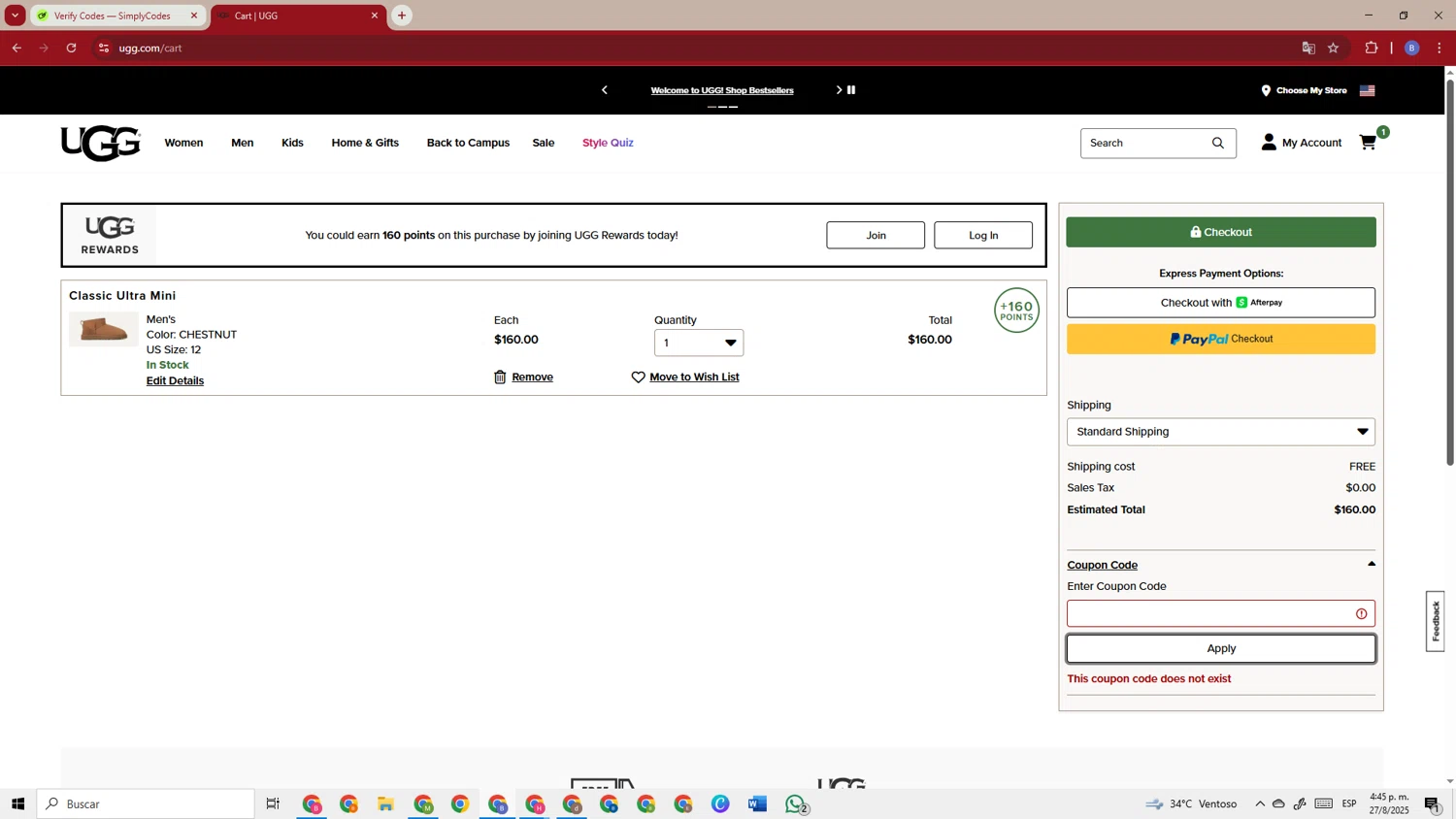 UGG coupon code screenshot showing code extra15 applied at UGG checkout page. Uploaded by SimplyCodes community member TokenSentinel5304 on Aug 27, 2025