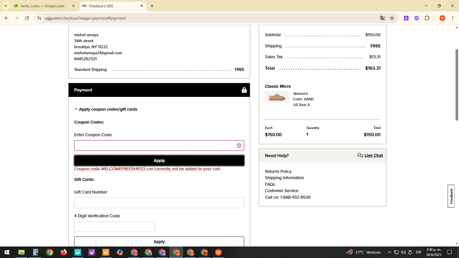 UGG coupon code screenshot showing code WELCOMEFREESHIP23 applied at UGG checkout page. Uploaded by SimplyCodes community member ExtraordinaryDefender1444 on Jun 30, 2025