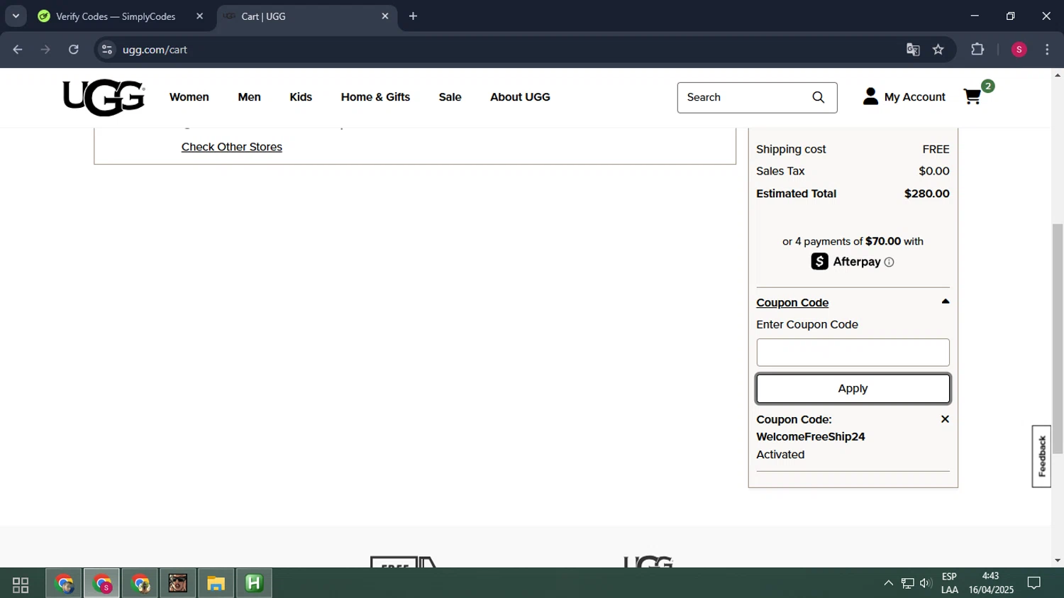 UGG coupon code screenshot showing code WELCOMEFREESHIP24 applied at UGG checkout page. Uploaded by SimplyCodes community member The_Goat7 on Apr 16, 2025