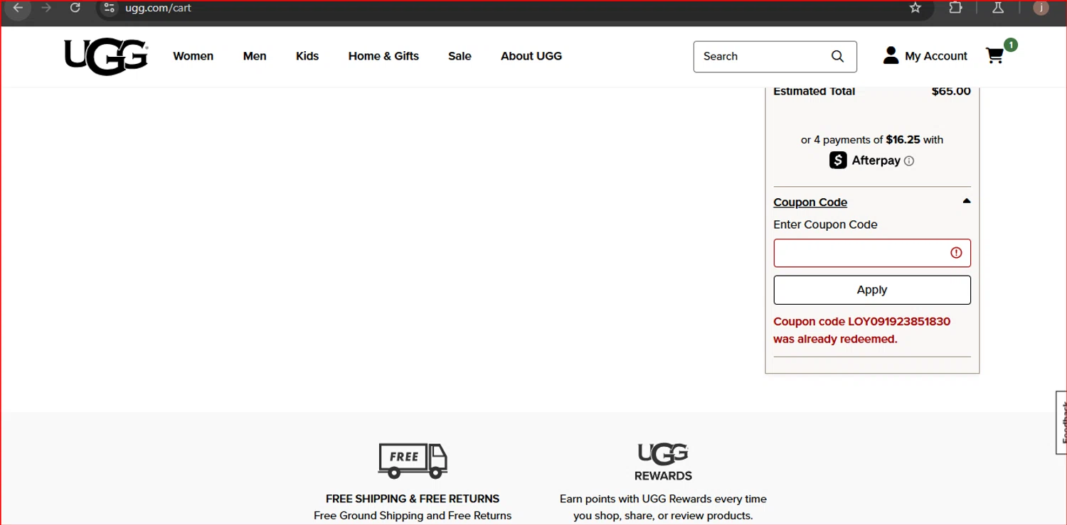 UGG coupon code screenshot showing code LOY091923851830 applied at UGG checkout page. Uploaded by SimplyCodes community member CodeWhiz8342 on Apr 21, 2025