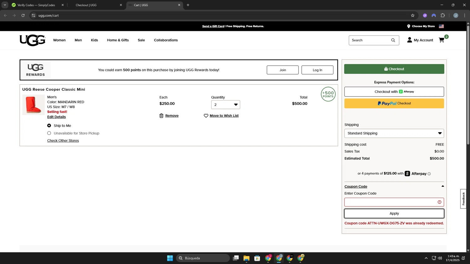 UGG coupon code screenshot showing code ATTN-UWGX-DG75-ZV applied at UGG checkout page. Uploaded by SimplyCodes community member Khaiden on Apr 17, 2025