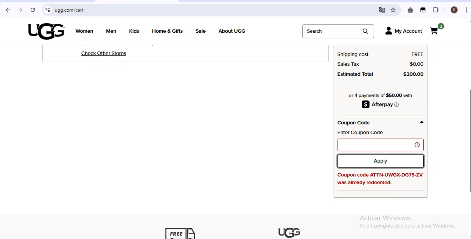 UGG coupon code screenshot showing code ATTN-UWGX-DG75-ZV applied at UGG checkout page. Uploaded by SimplyCodes community member zurdita on Apr 17, 2025