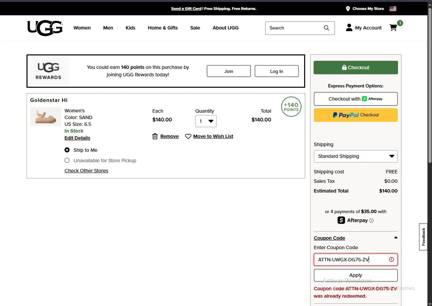 UGG coupon code screenshot showing code ATTN-UWGX-DG75-ZV applied at UGG checkout page. Uploaded by SimplyCodes community member ValiantSleuth7563 on Apr 17, 2025