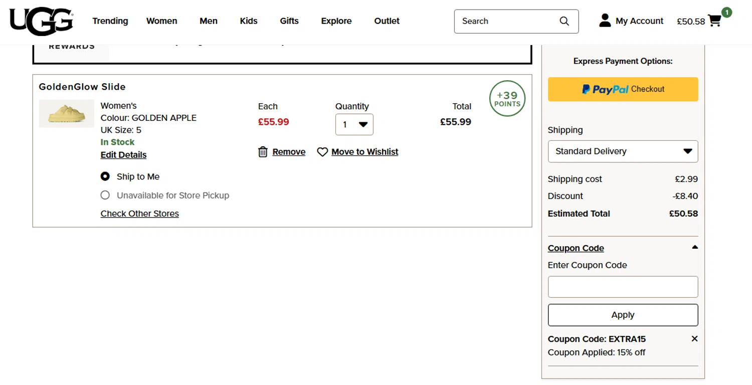 UGG coupon code screenshot showing code EXTRA15 applied at UGG checkout page. Uploaded by SimplyCodes community member THEPOWER on Aug 20, 2025