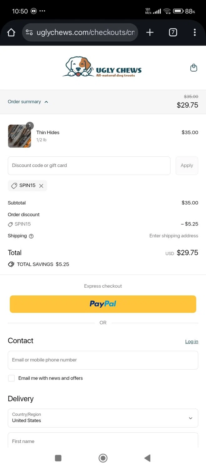 Ugly Chews discount code screenshot showing code SPIN15 applied at Ugly Chews checkout page. Uploaded by SimplyCodes community member Bjhfuhdf on Jul 14, 2025