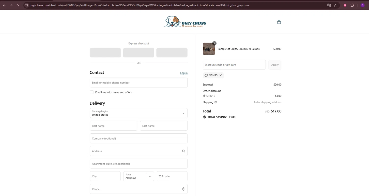 Ugly Chews discount code screenshot showing code SPIN15 applied at Ugly Chews checkout page. Uploaded by SimplyCodes community member ThriftySage9319 on Aug 5, 2025