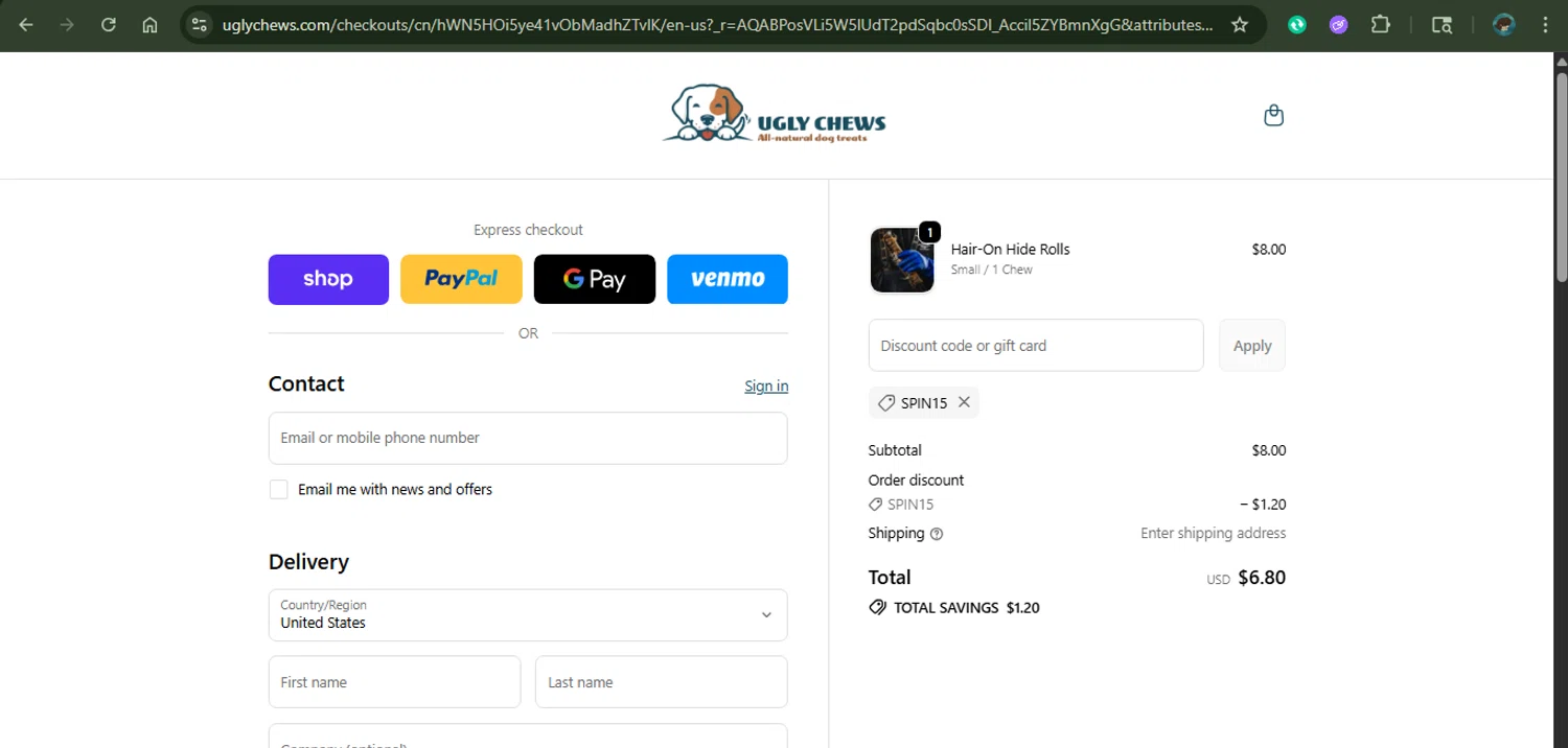 Ugly Chews discount code screenshot showing code SPIN15 applied at Ugly Chews checkout page. Uploaded by SimplyCodes community member xAngel on Nov 14, 2025