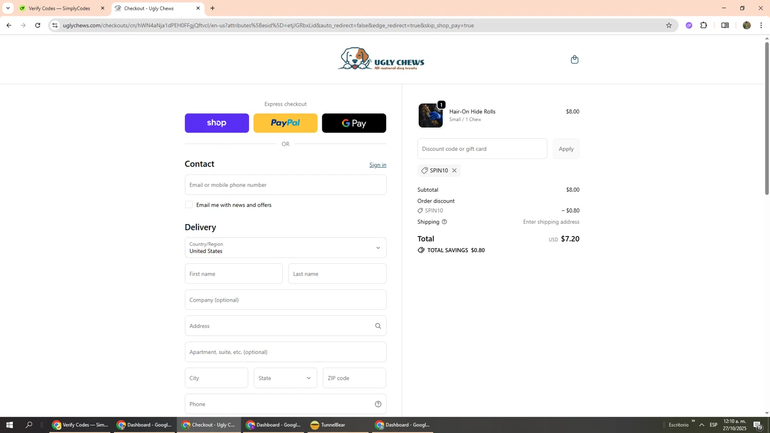 Ugly Chews discount code screenshot showing code SPIN10 applied at Ugly Chews checkout page. Uploaded by SimplyCodes community member Phoenix585 on Oct 27, 2025