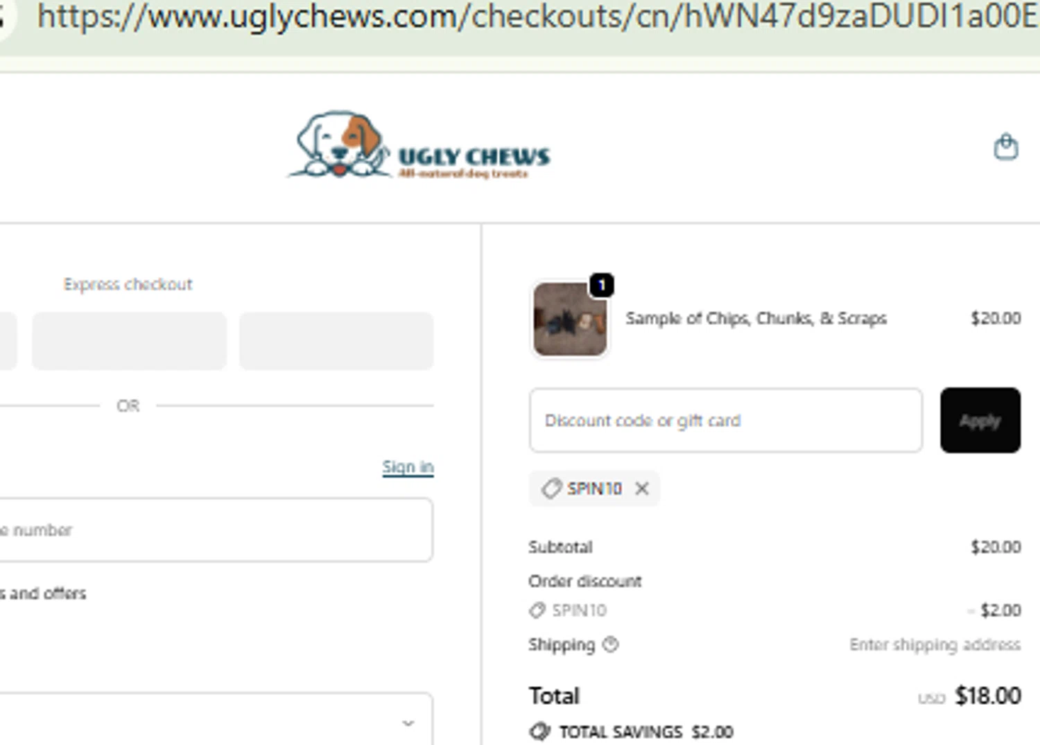 Ugly Chews discount code screenshot showing code SPIN10 applied at Ugly Chews checkout page. Uploaded by SimplyCodes community member RewardFinder4836 on Oct 14, 2025