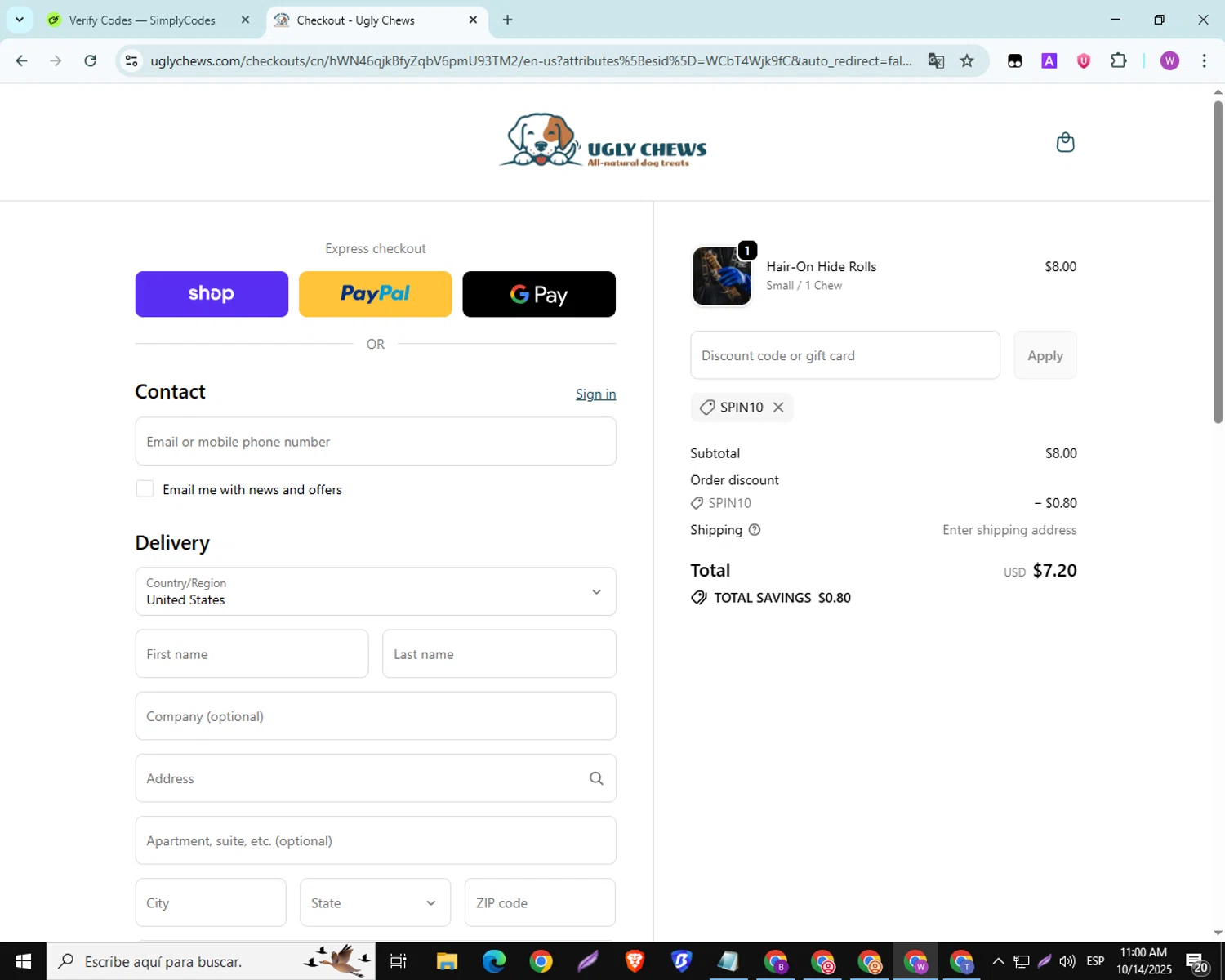 Ugly Chews discount code screenshot showing code SPIN10 applied at Ugly Chews checkout page. Uploaded by SimplyCodes community member SwiftScout6682 on Oct 14, 2025