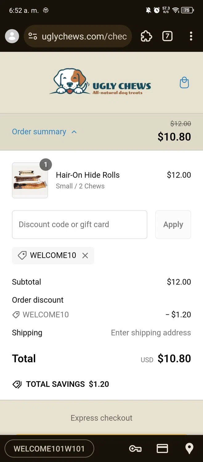 Ugly Chews discount code screenshot showing code WELCOME10 applied at Ugly Chews checkout page. Uploaded by SimplyCodes community member Carlitoxxxxxxxxxxxxxxxxxxxxxxx on Feb 3, 2025