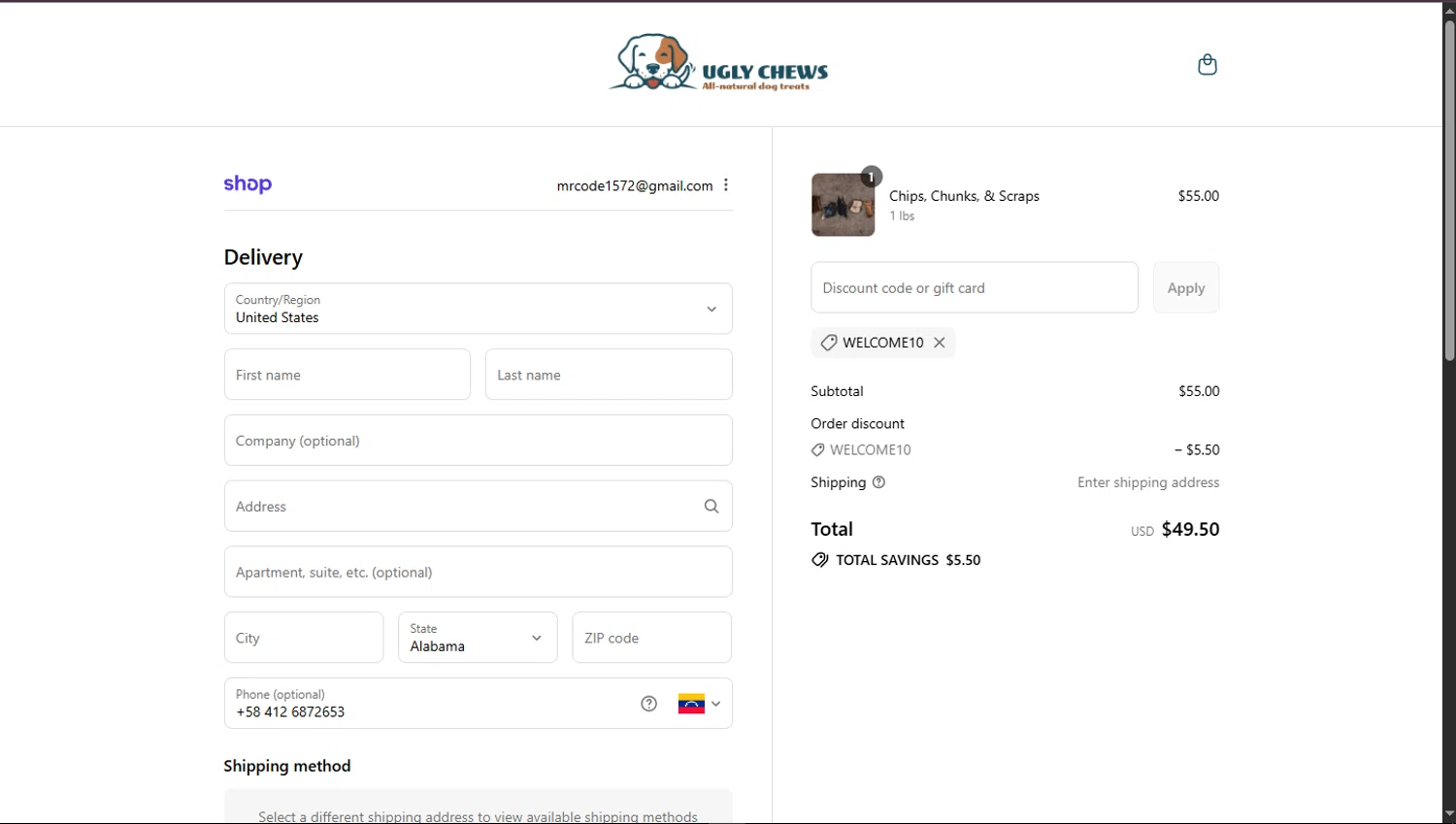 Ugly Chews discount code screenshot showing code WELCOME10 applied at Ugly Chews checkout page. Uploaded by SimplyCodes community member TokioMiller on Sep 12, 2025