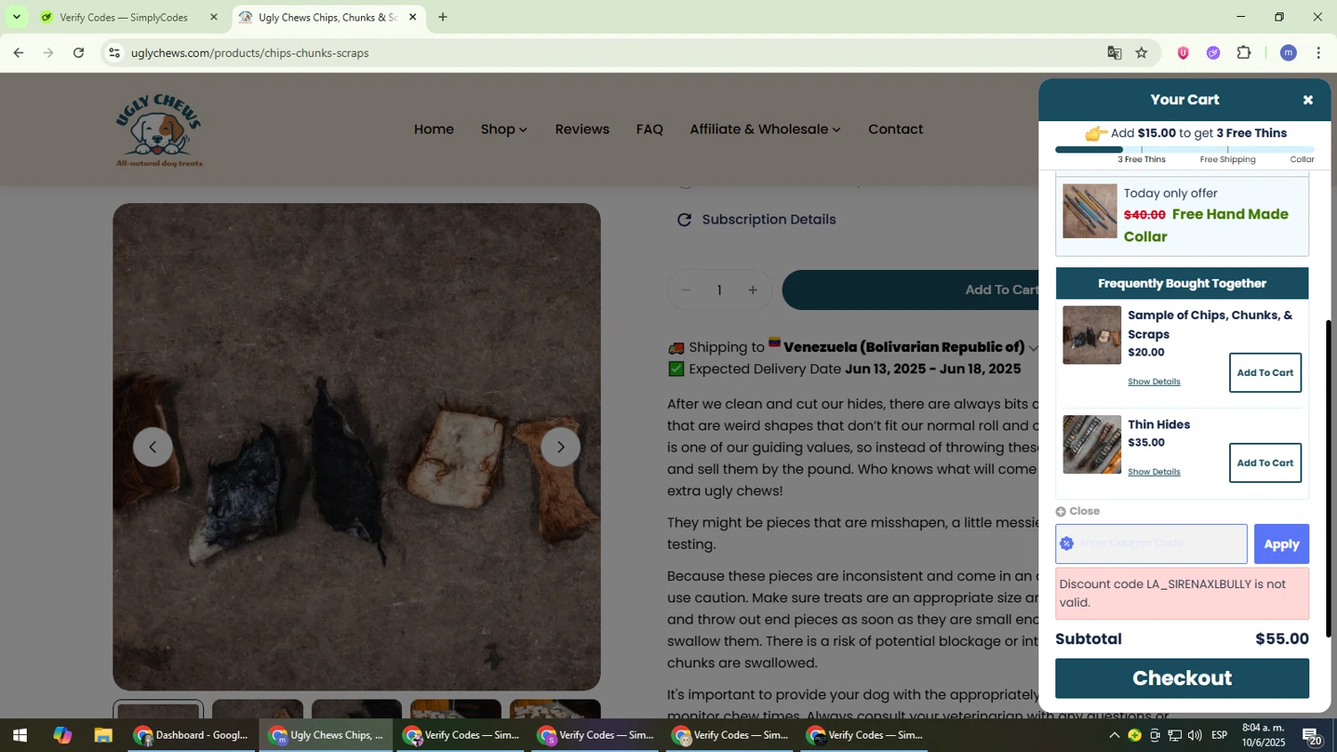 Ugly Chews discount code screenshot showing code LA_SIRENAXLBULLY applied at Ugly Chews checkout page. Uploaded by SimplyCodes community member QuestDefender2661 on Jun 10, 2025