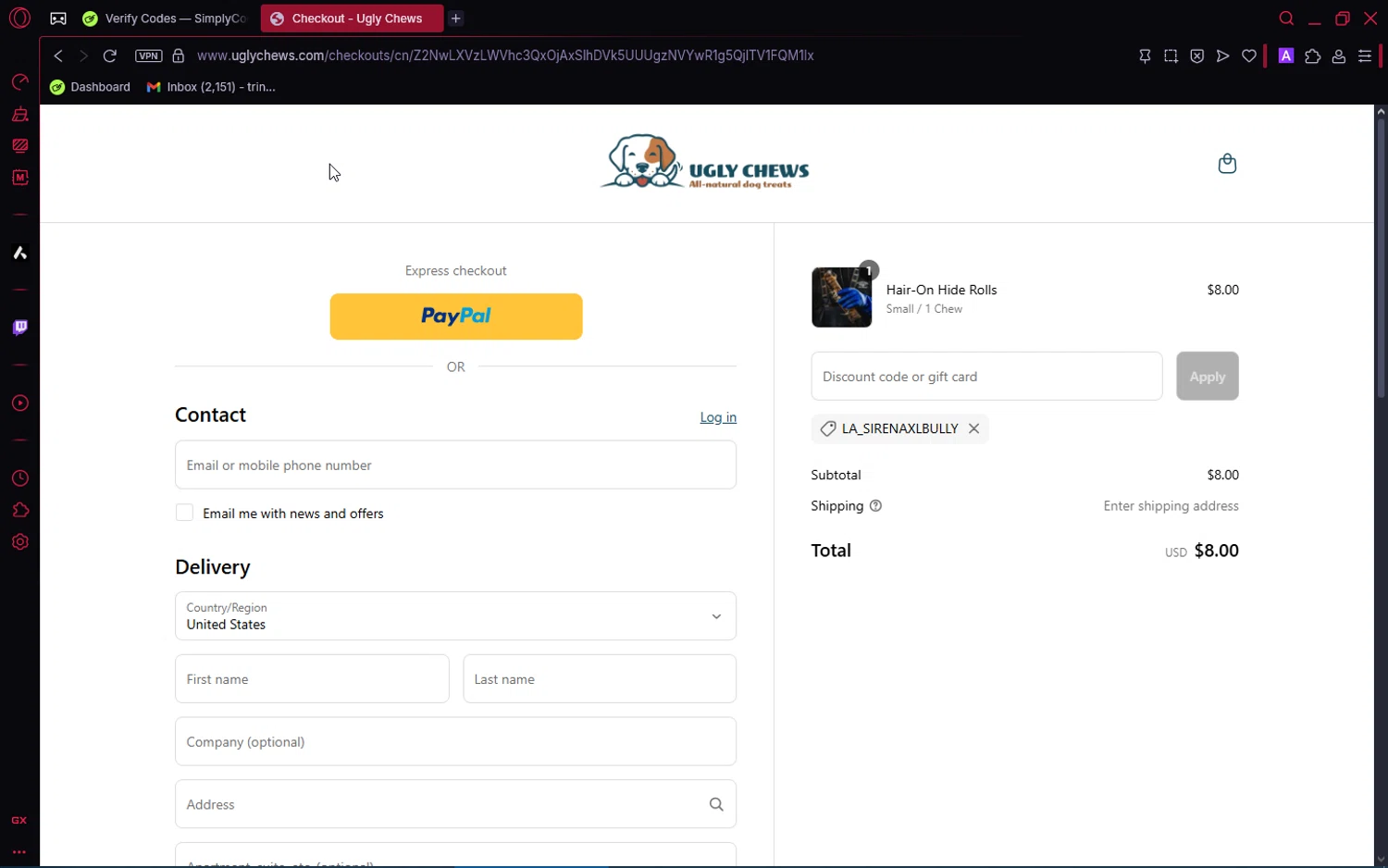 Ugly Chews discount code screenshot showing code LA_SIRENAXLBULLY applied at Ugly Chews checkout page. Uploaded by SimplyCodes community member SaleRanger1 on Jun 10, 2025